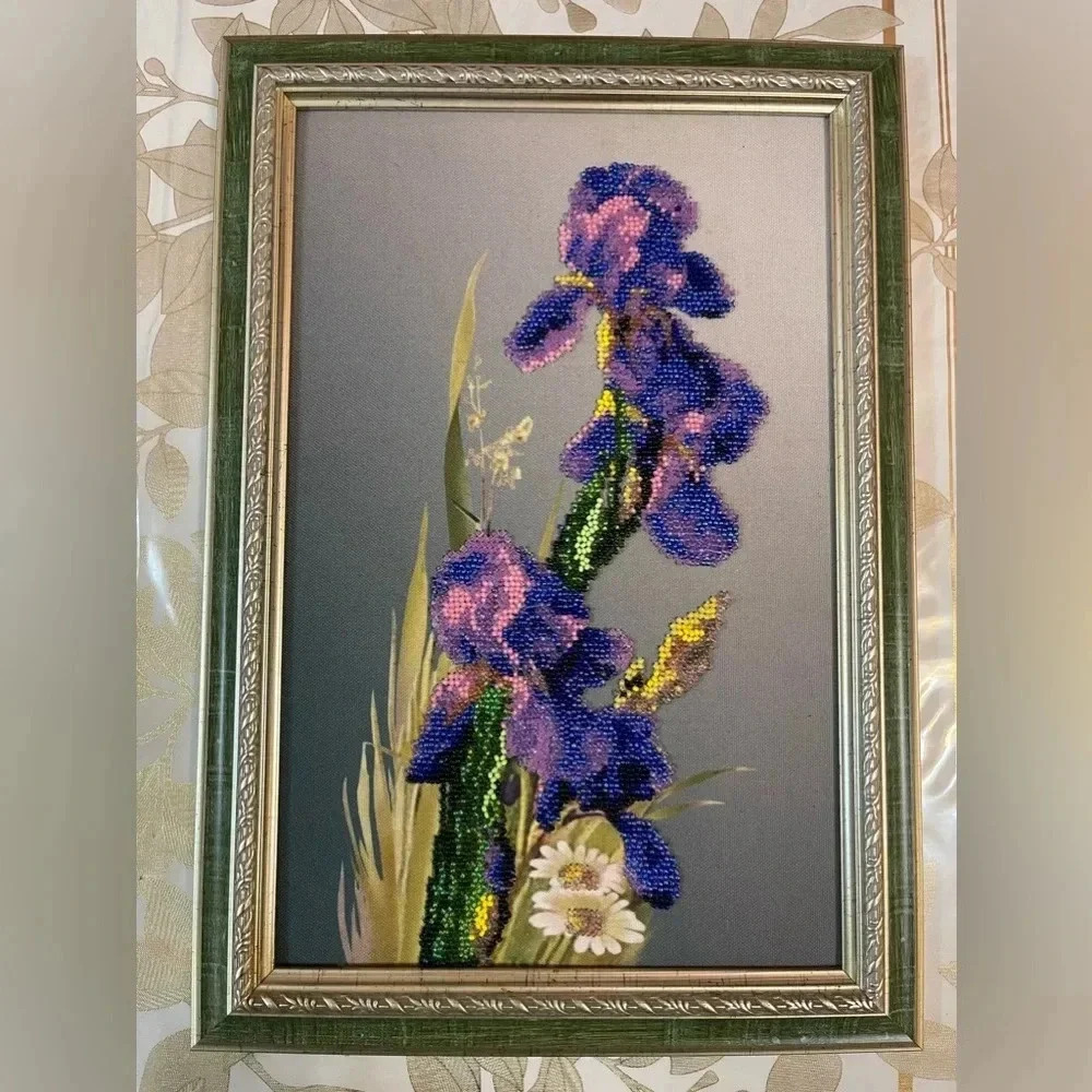 Handmade Embroidery beaded picture “IRISES” wall decor